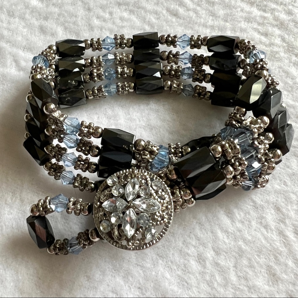 Vintage Blue and Silver Beaded Magnetic Bracelet